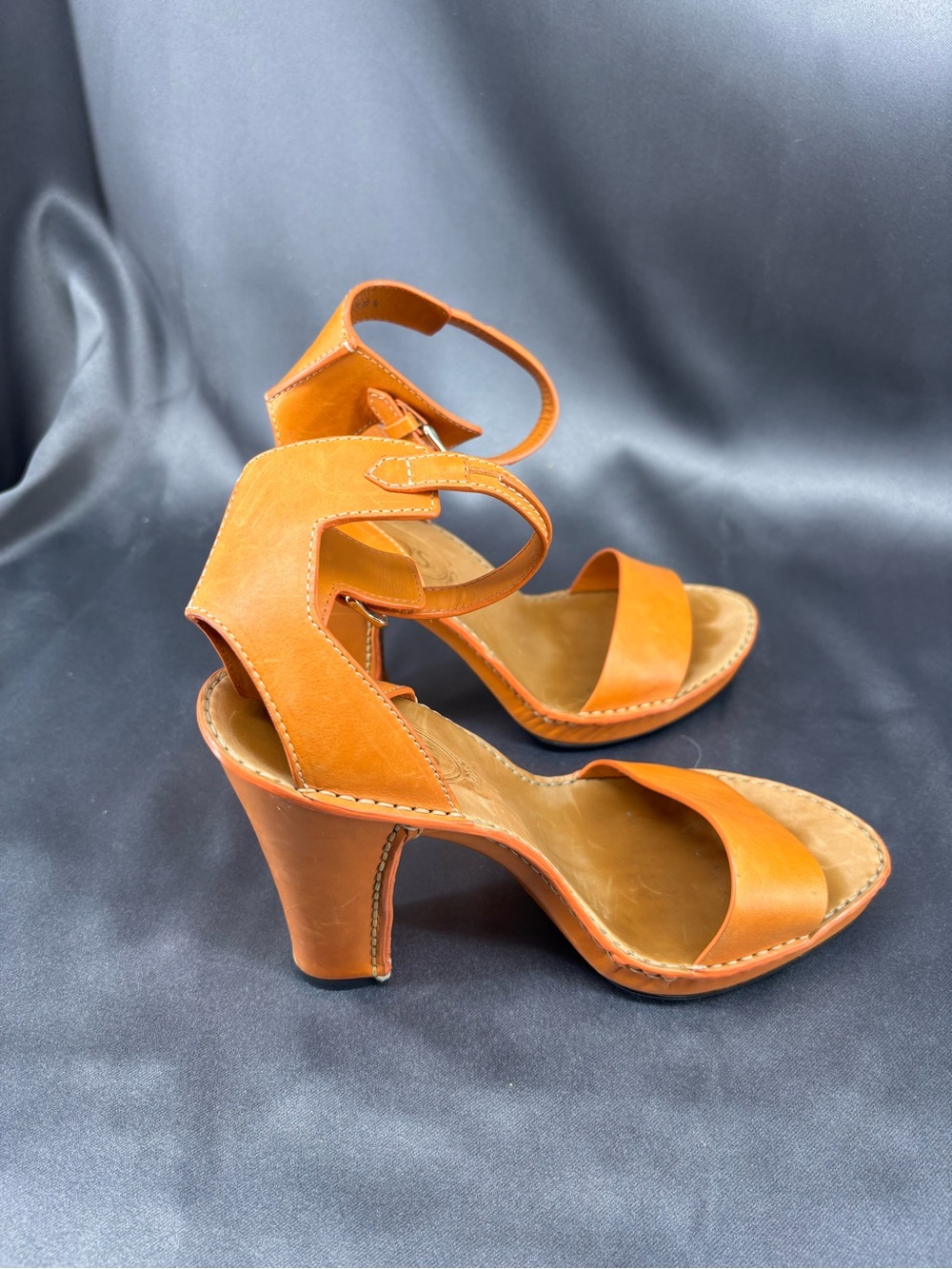 Women's Orange Leather Platform Sandals with Ankle Strap